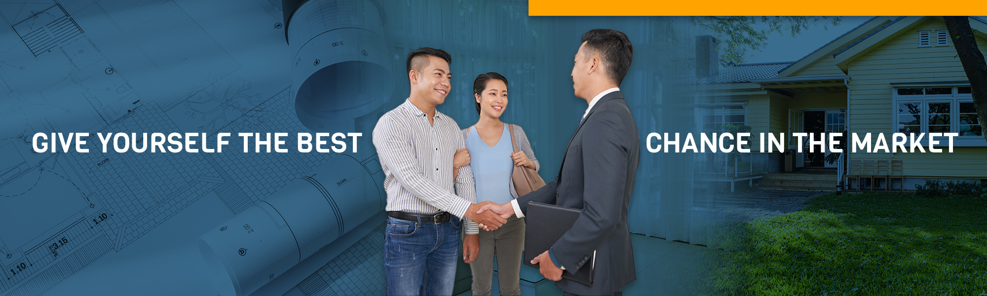 Give yourself the best chance in the market (Image of smiling couple shaking hands with real estate agent.)