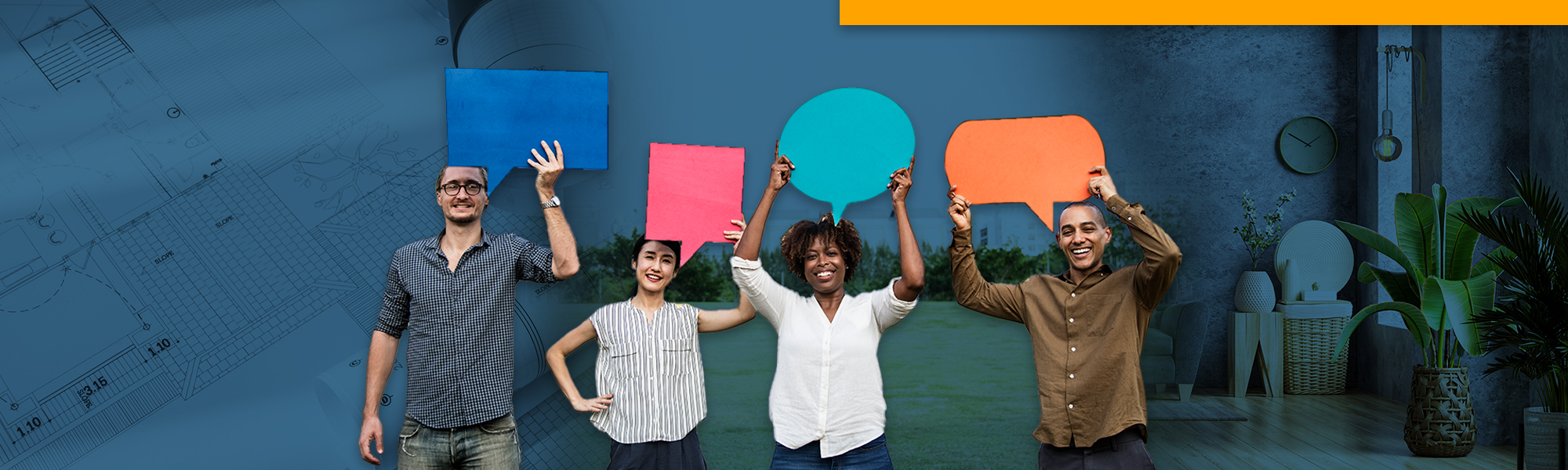 Help Us. Help Others. (Image of diverse friends holding speech bubbles )